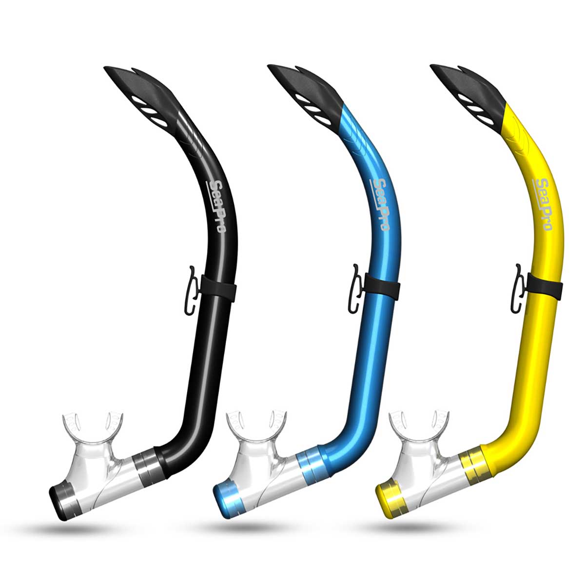 SeaPro Semi Dry Eco snorkel i tre flotte farver.