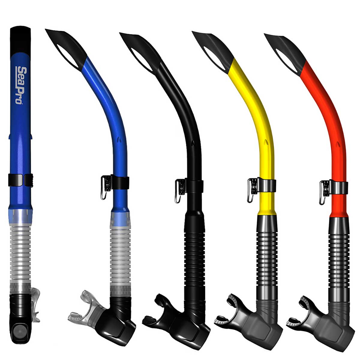 SeaPro Comfort Semi-Dry snorkel med integreret bølgebryder og vinklet mundstykke.
