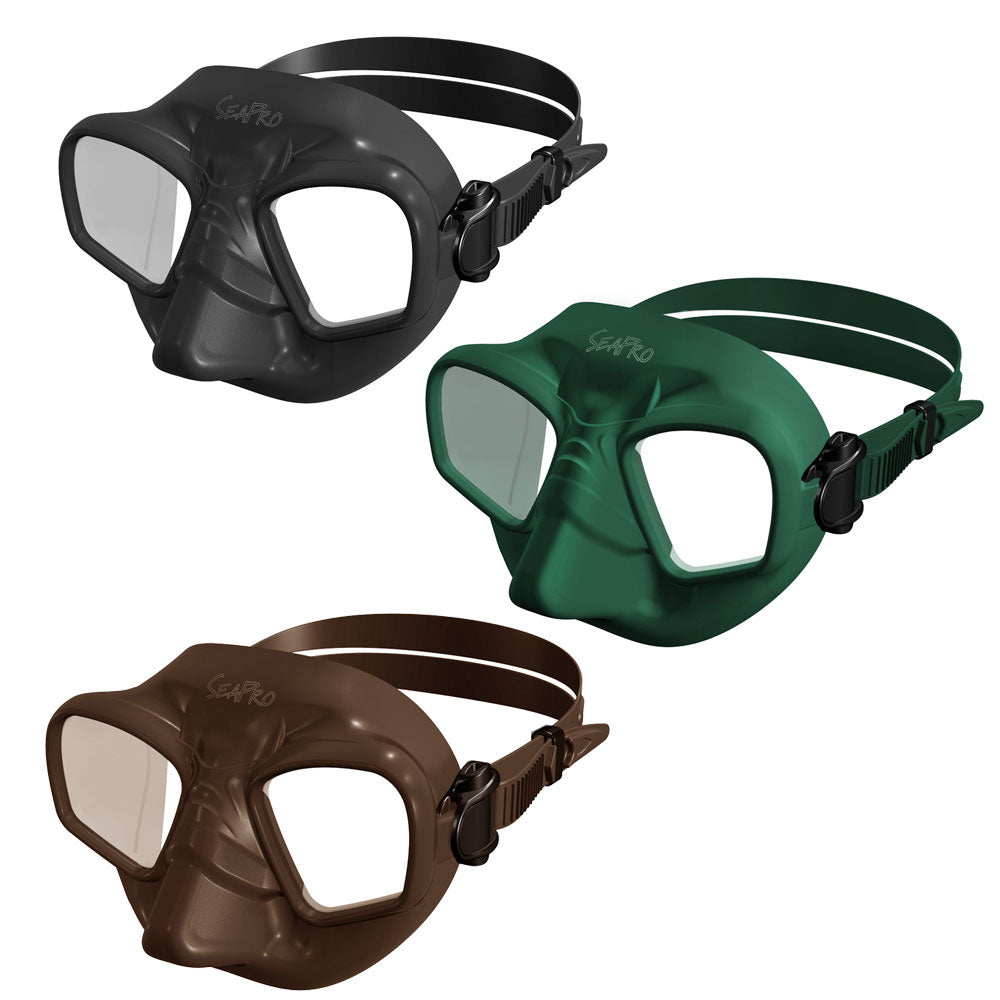 SeaPro Free Dive maske i sort, grøn eller brun silikone med ultra-lav volumen og dobbelt glas.